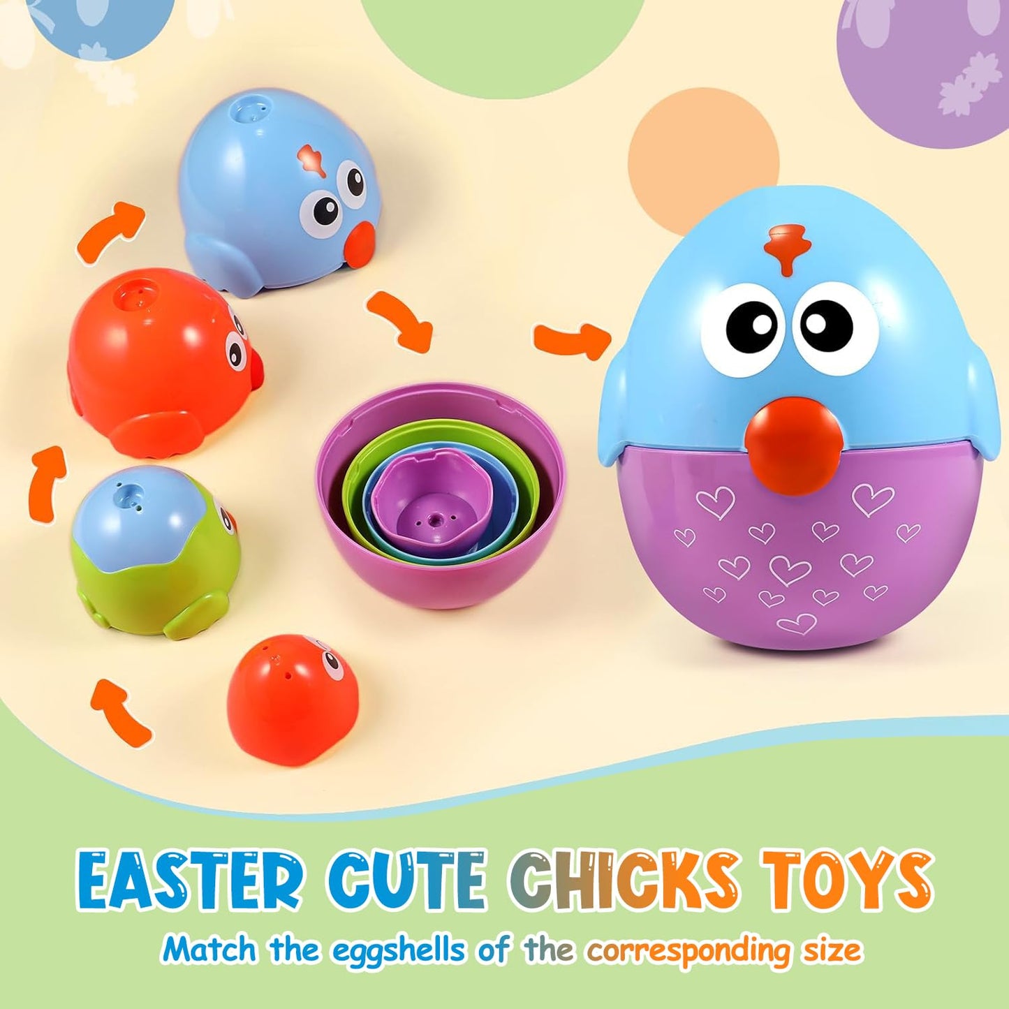 Easter Eggs Toys Basket Stuffers For Toddlers 1-3, Baby 18 Months, 8 Pcs Plastic Nesting & Stacking Matching Toys , Easter Gifts