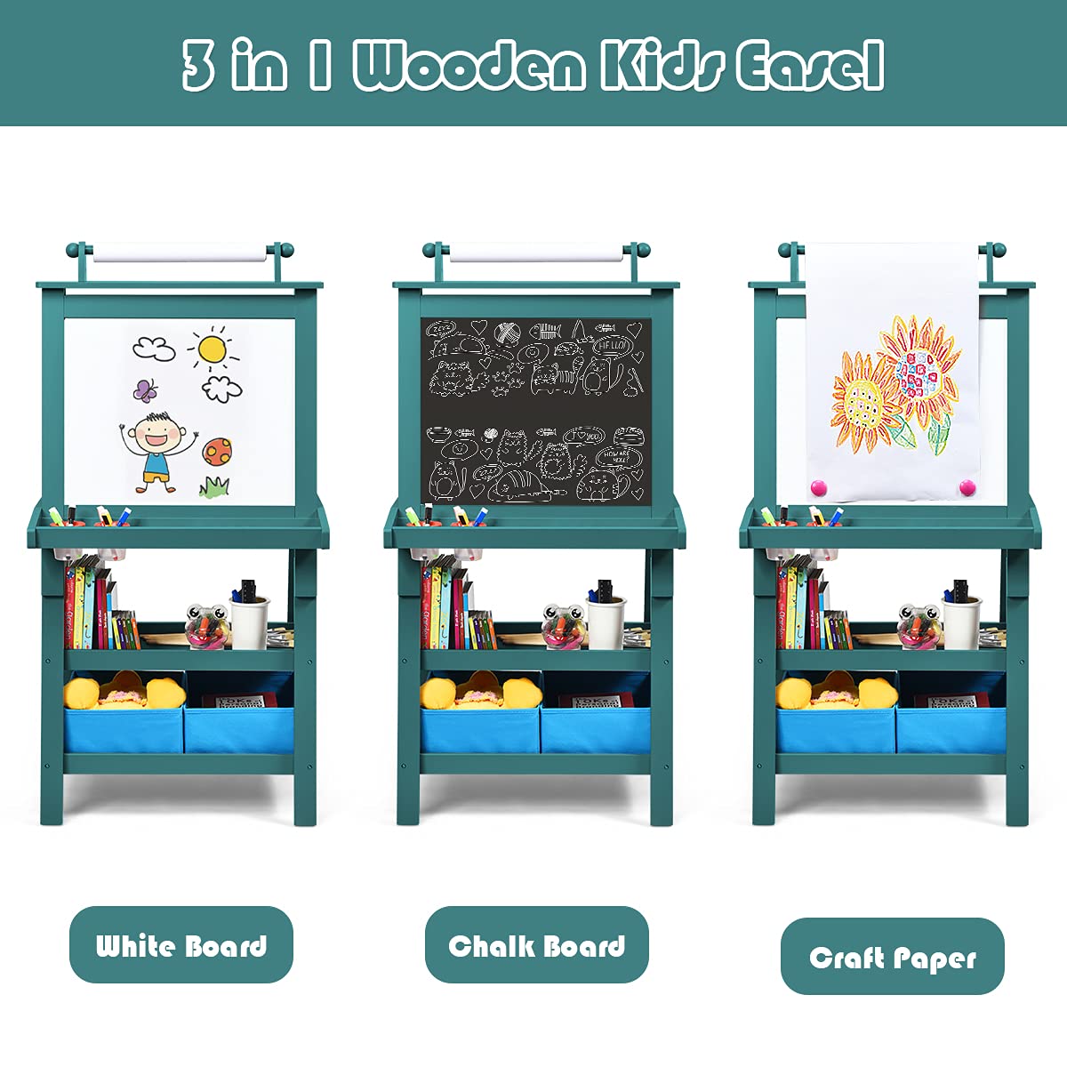 Costzon Kids Art Easel, 3 In 1 Double-Sided Wooden Easel W/Magnetic Whiteboard, Chalkboard & Paper Roll, 2-Tier Rack W/ 2 Storage Boxes, Standing Easel For Kids, Toddlers, Boys, Girls (Blue)