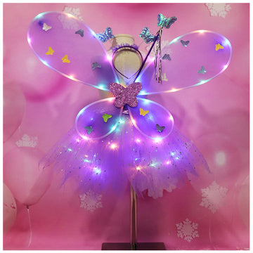 Purfeel Girls Led Light Up Angel Wings Kids Butterfly Wings Costume 4Pcs Sets Purple
