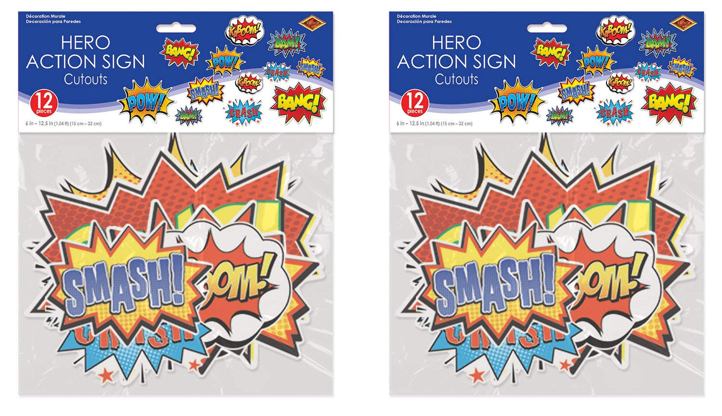 Beistle Hero Action Sign Cut Outs 24 Piece Comic Decorations Birthday Party Supplies 6    - 12.5   , Multicolored