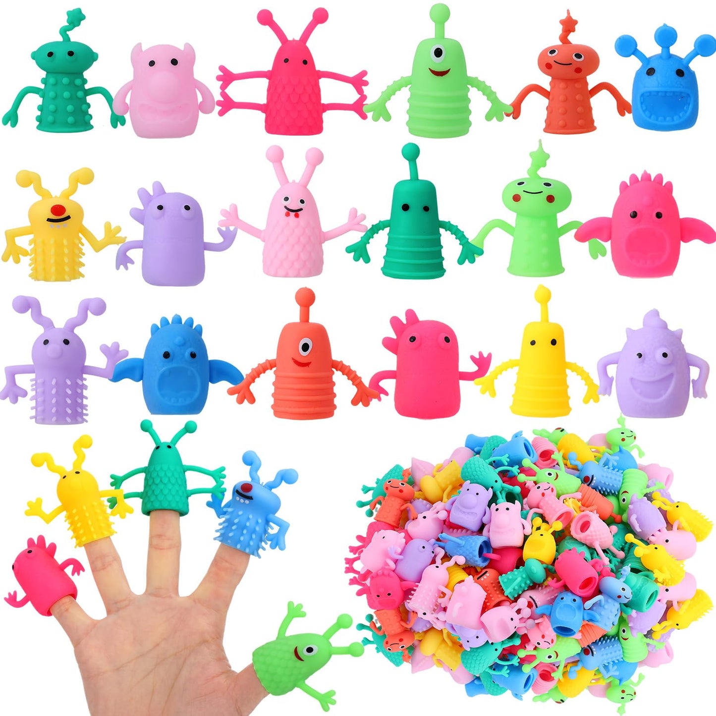 Booson 80 PCS Monster Finger Puppets - Soft Rubber, Multicolored, Stretchy Fidget Dolls for Kids' Role Playing & Party Favors