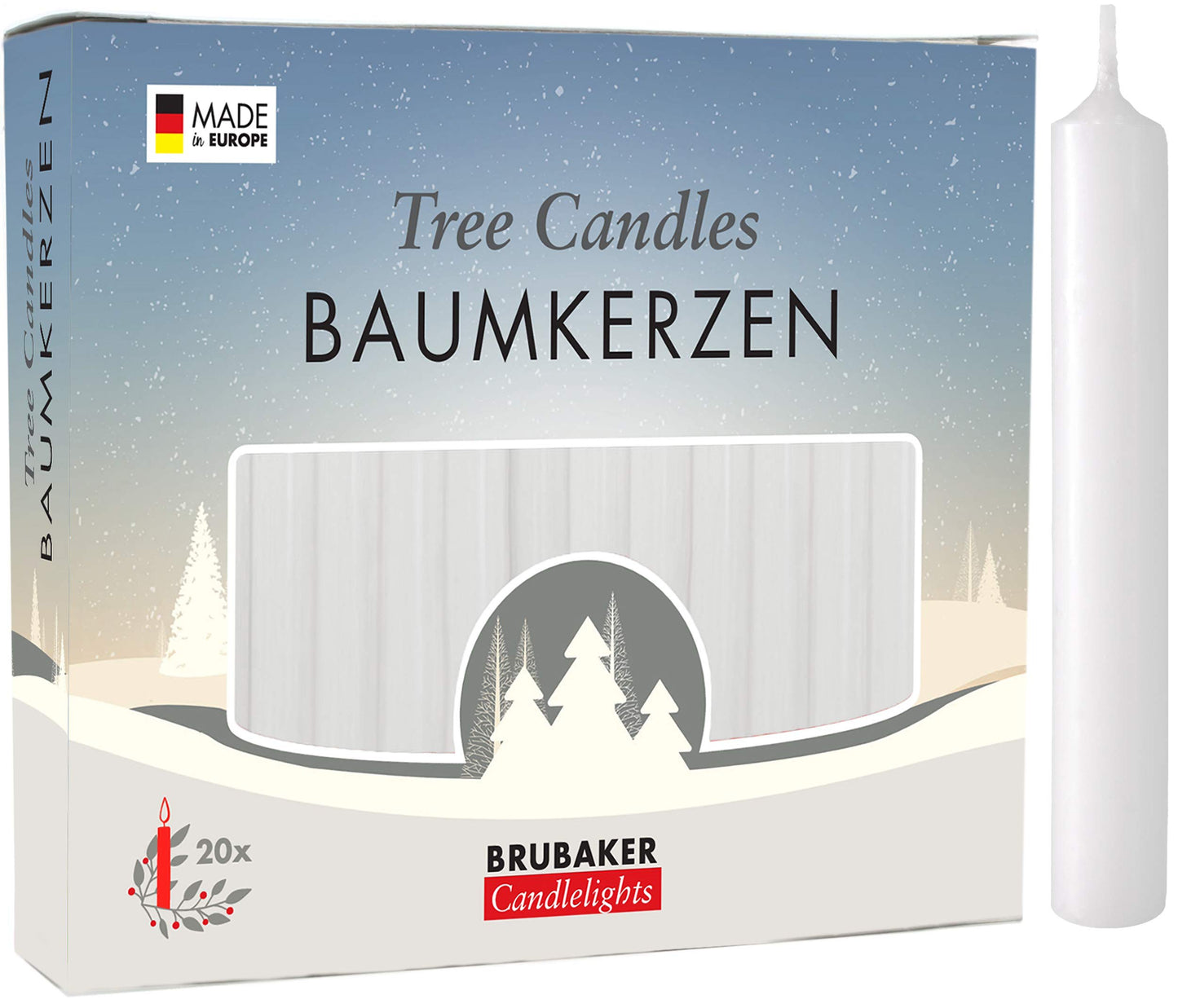 BRUBAKER Tree Candles - Pack of 40 - White - 3 x  Inches - Made in Europe - Christmas Wax Candles for Pyramids, Carousels & Chim