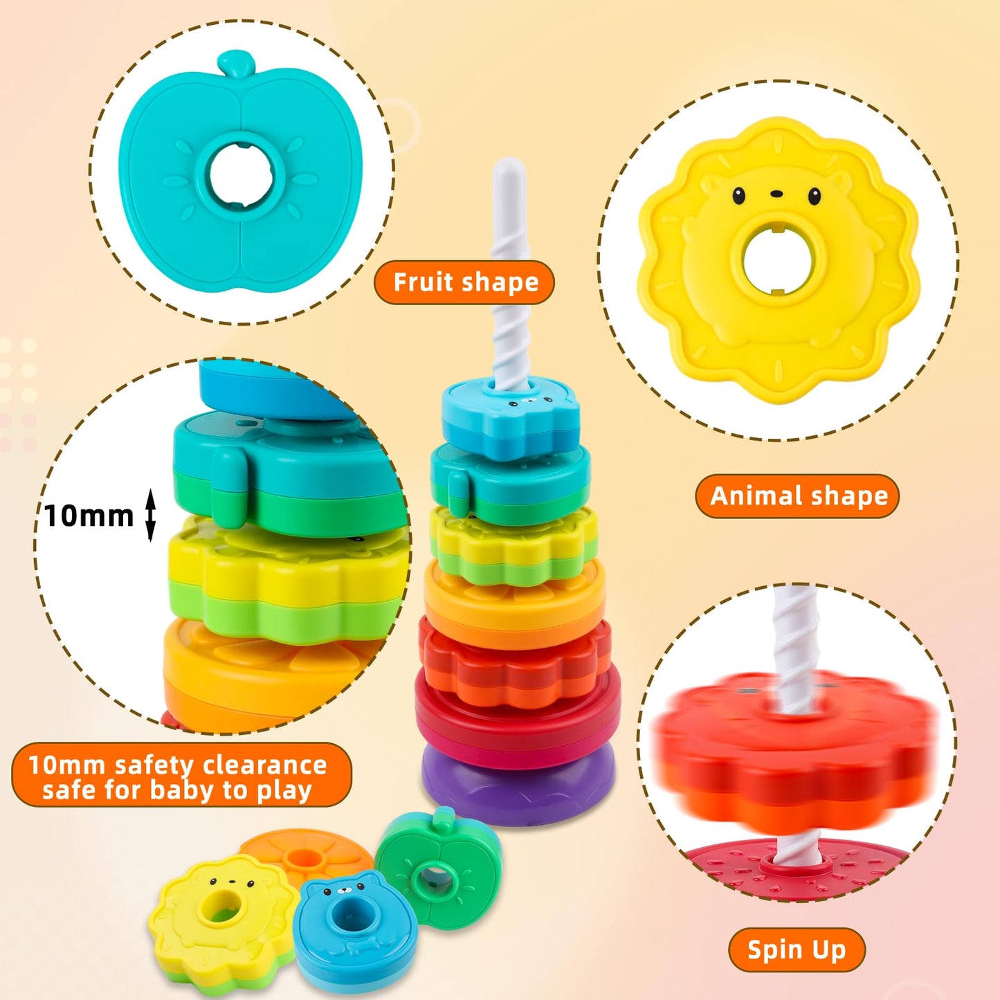 Byfwh Spinning Stacking Toys For Babies 12+ Month Rainbow Ring Flowers Animals Fruits Theme Stacker Abs Toys For Toddlers 1-3 Mo