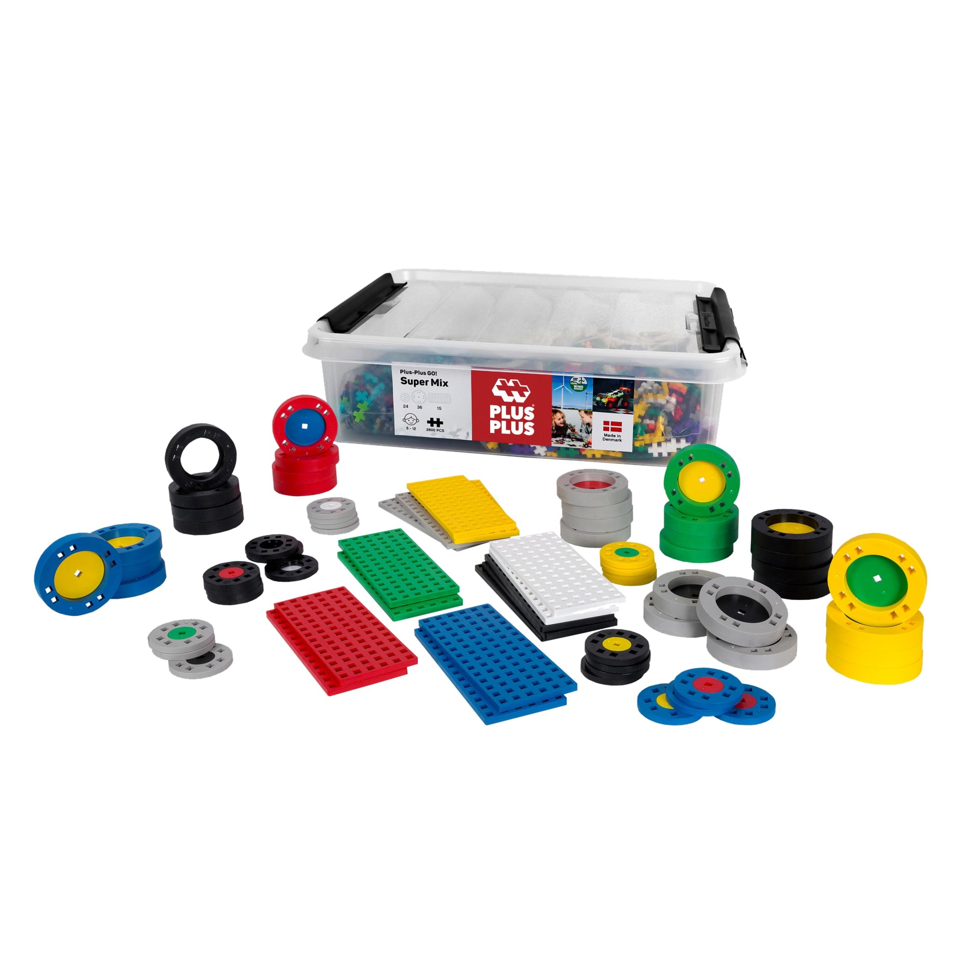 PLUS PLUS - GO! Educational Tub Wheel Mix - 2,600 Pieces / 15 Baseplates / 24 Wheels / 36 Big Wheels - Construction Building Ste