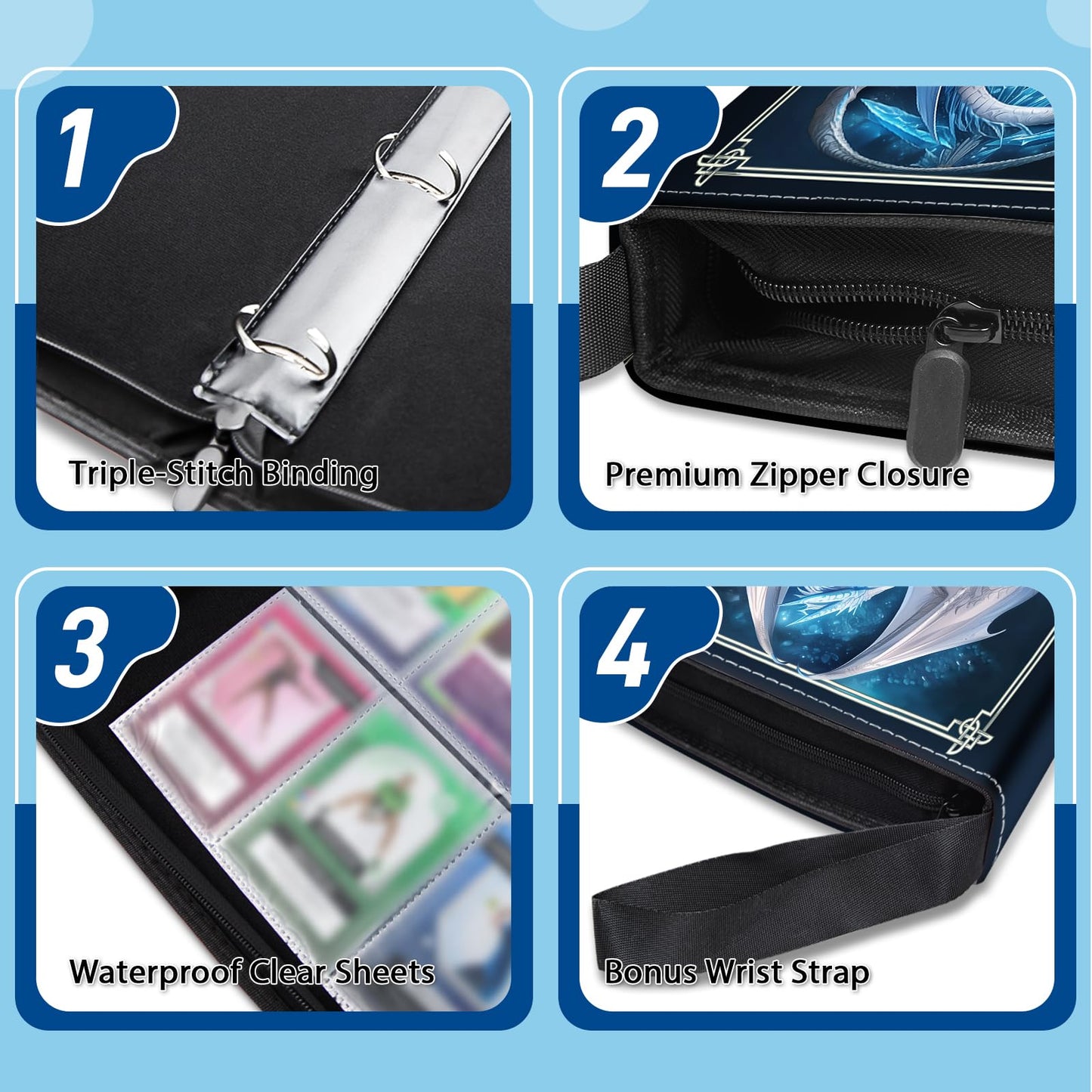 Wazzio 900 Pocket Trading Card Storage Album  Card Binder with 50 Durable 9-Pocket Pages  Birthday Gifts for Fathers Day  Blue Dragon Design on Pocket Card Packs  Gifts for Zipper Closure Collector