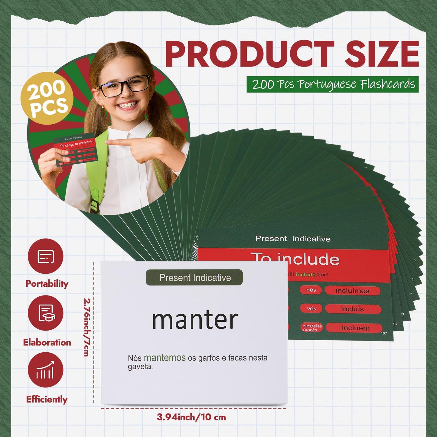 Resurhang 200 Pcs Portuguese Flashcards Portuguese Verb Conjugation Present Tense Flash Cards English for mature-themeds Study