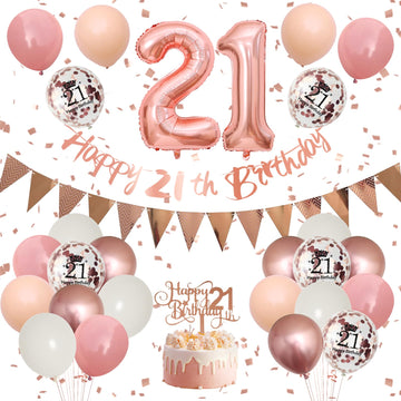 21Th Birthday Decorations Retro Pink Rose Gold,21Th Birthday Balloons,Happy 21Th Birthday Banner With Cake Toppers Number 21 Bal