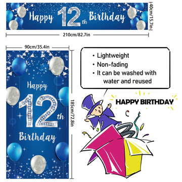Happy 12Th Birthday Door Cover Porch Banner Sign Set - 12 Years Old Birthday Decoraions Party Supplies For Men - Blue