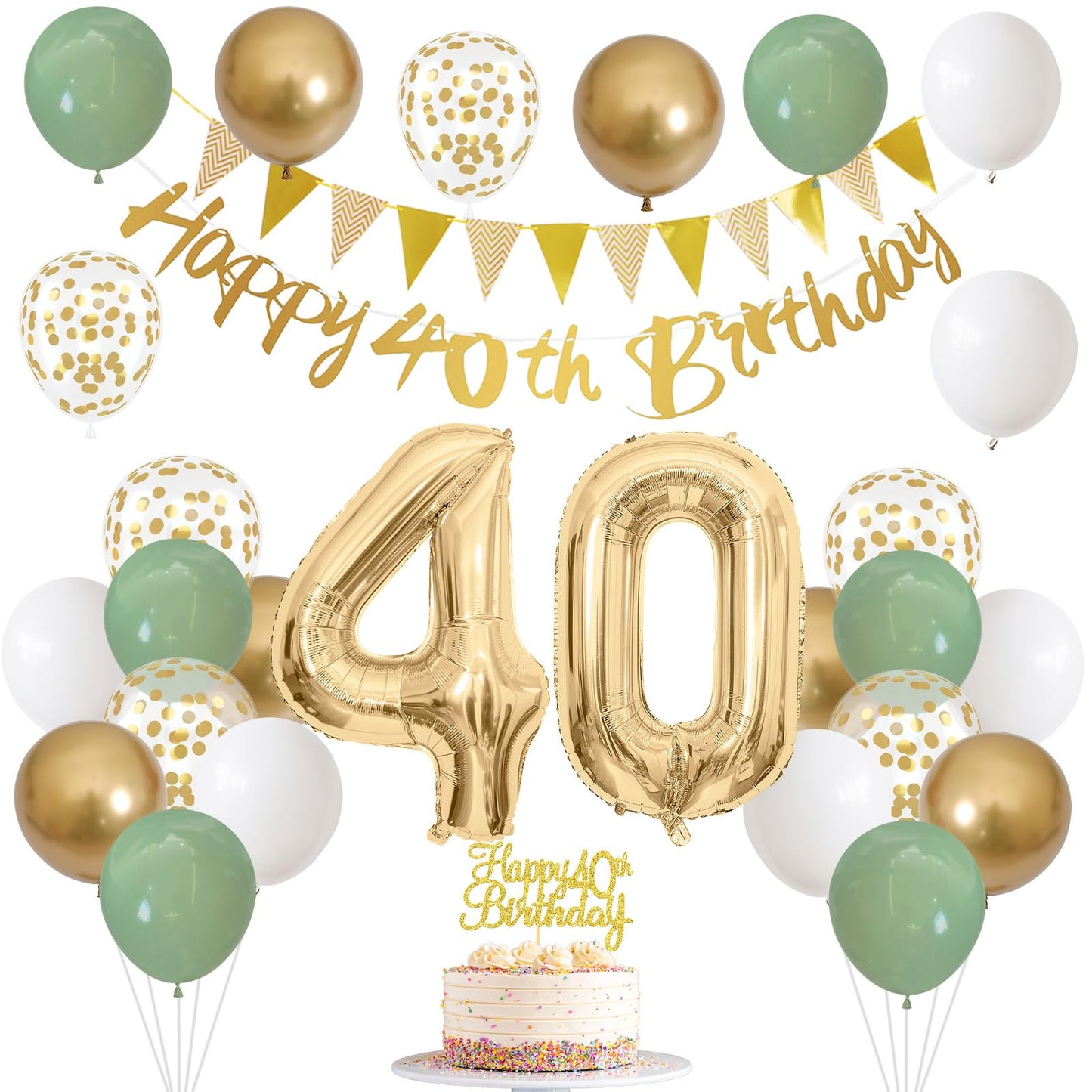 40Th Birthday Decorations For Women Men, Sage Green White Gold Birthday Balloons With Happy 40Th Birthday Banner Birthday Cake T