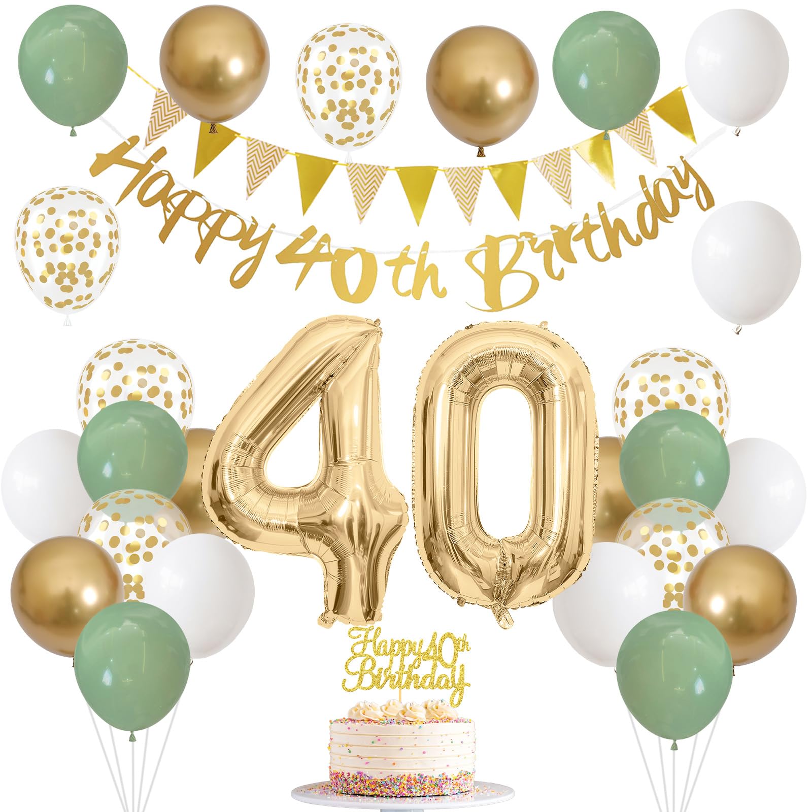 40Th Birthday Decorations For Women Men, Sage Green White Gold Birthday Balloons With Happy 40Th Birthday Banner Birthday Cake T