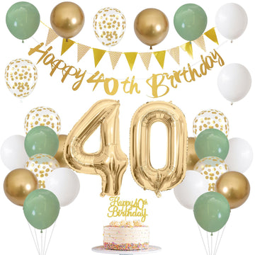 40Th Birthday Decorations For Women Men, Sage Green White Gold Birthday Balloons With Happy 40Th Birthday Banner Birthday Cake T