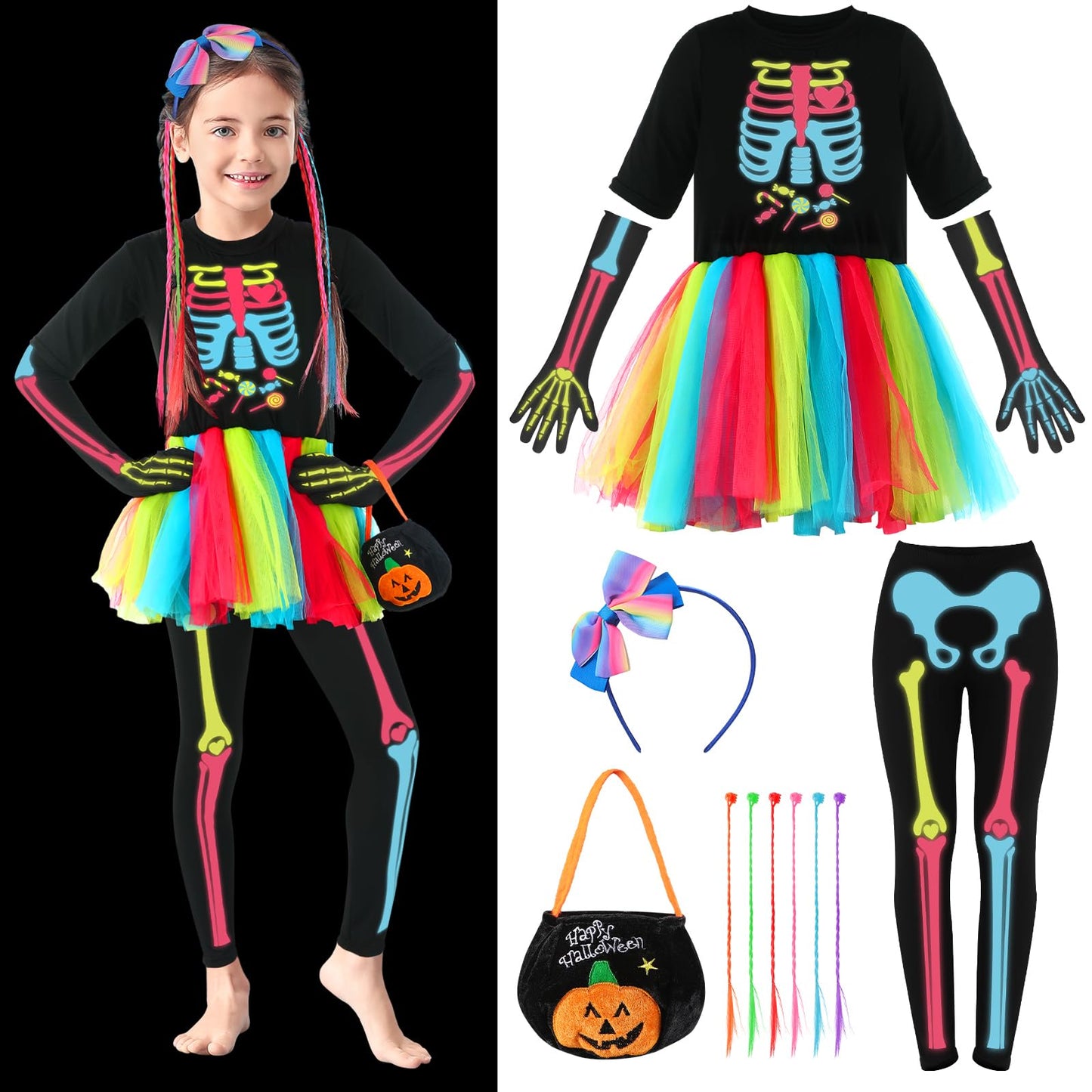 Croloose 5 Pcs Halloween Girls Skeleton Costume Glow In The Dark Tutu Skirt, Hair Extensions Headband Pumpkin Packet(6-7Y)
