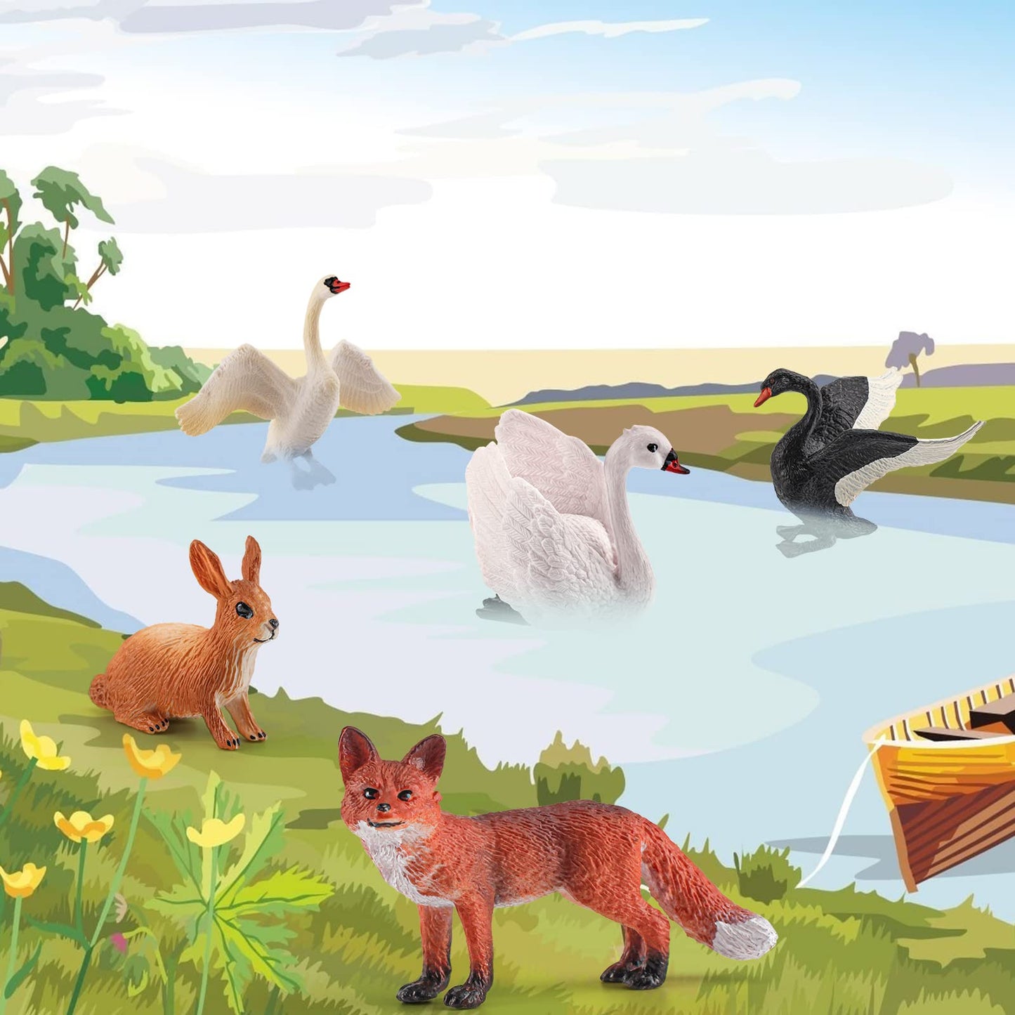 Lc Joycre 5Pcs Swan Figurine Black Swan Figure Goose Toy Swan Toy Rabbit Fox Animal Figure For Toddlers Preschool Animals Figure