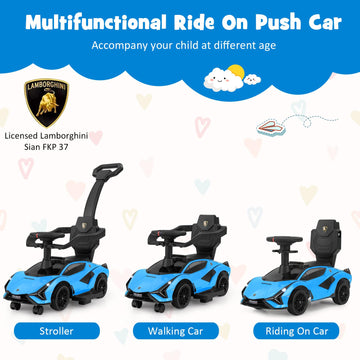 Infans 3 In 1 Ride On Push Car, Licensed Lamborghini Baby Stroller Sliding Walking Car With Parent Control Handle, Music, Usb, Headlight, Under Seat Storage, Foot-To-Floor Toy For 18-60 Months (Blue)
