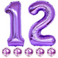 Purple Birthday Balloon Number 12, 40 Inch Big Foil Mylar Number 1 And 2 Balloons With Purple Confetti Latex Helium Balloons For