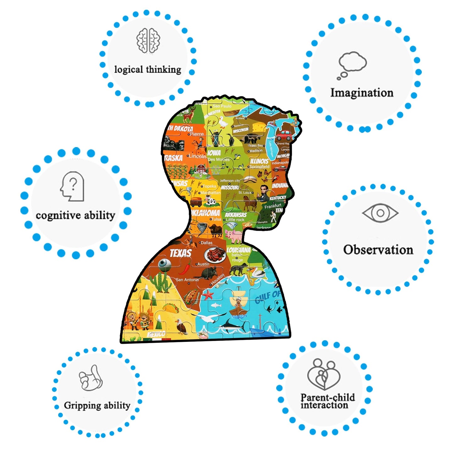 LELEMON USA Map Jigsaw Puzzle - 100 Pieces Educational Toy for Kids Ages 4-8, Colorful Metal Box, Learning Fun