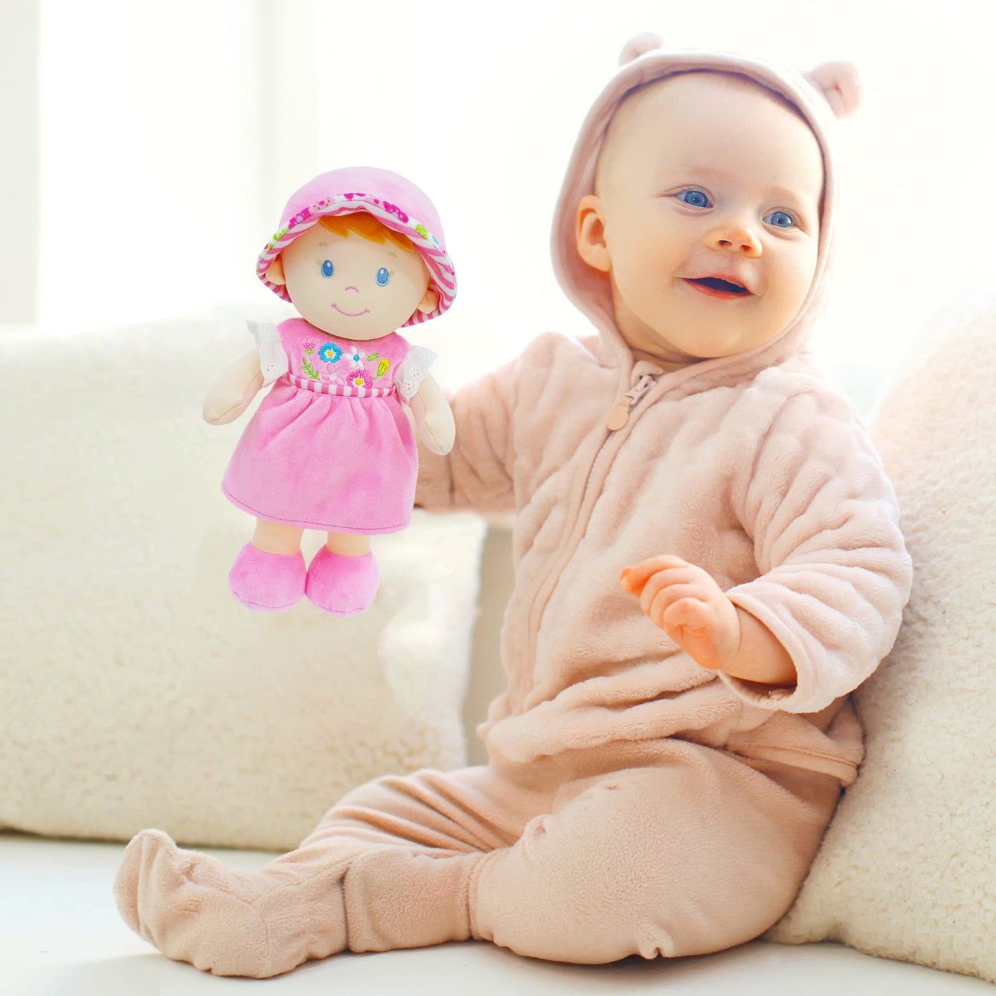 June Garden 12" Soft Dolly Emilia - Plush Stuffed Baby Doll Gift for Girls - Pink Dress, Model JGD21015