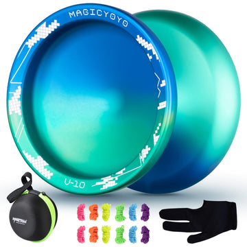 Magicyoyo V10 Blue Green Unresponsive Yoyo Professional Finger Spin Yoyo With 12 Yoyo Strings, Yoyo Case, Yoyo Glove