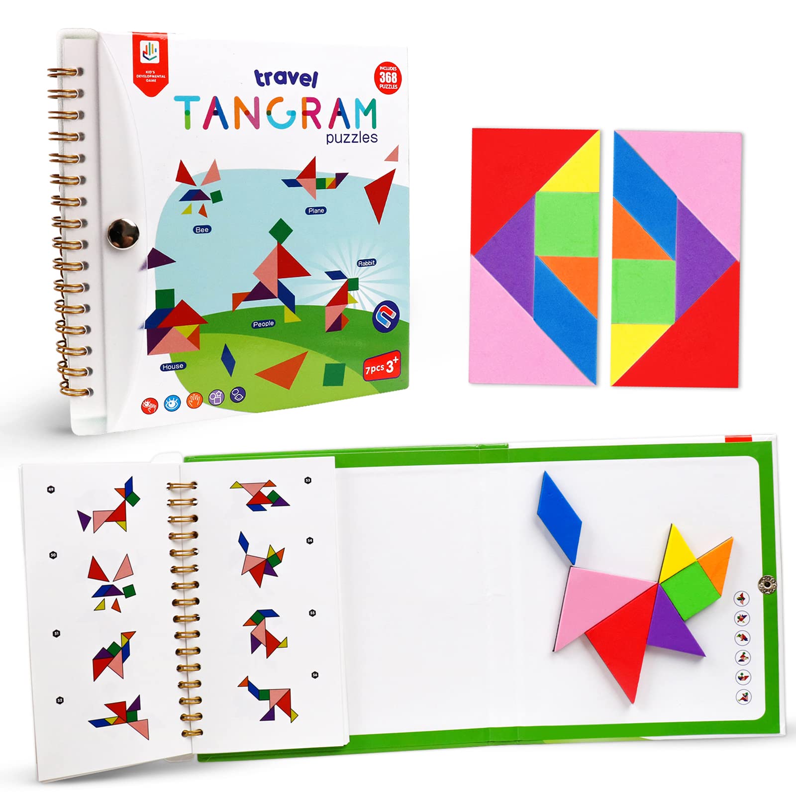 USATDD Travel Tangram Puzzle With 2 Set  Magnetic Pattern Blocks Road Trip Games Educational Jigsaw Challenge Books For Kid mature-themed Brain Teasers With 368 Solution Montessori Travel Toys For Kids In Car
