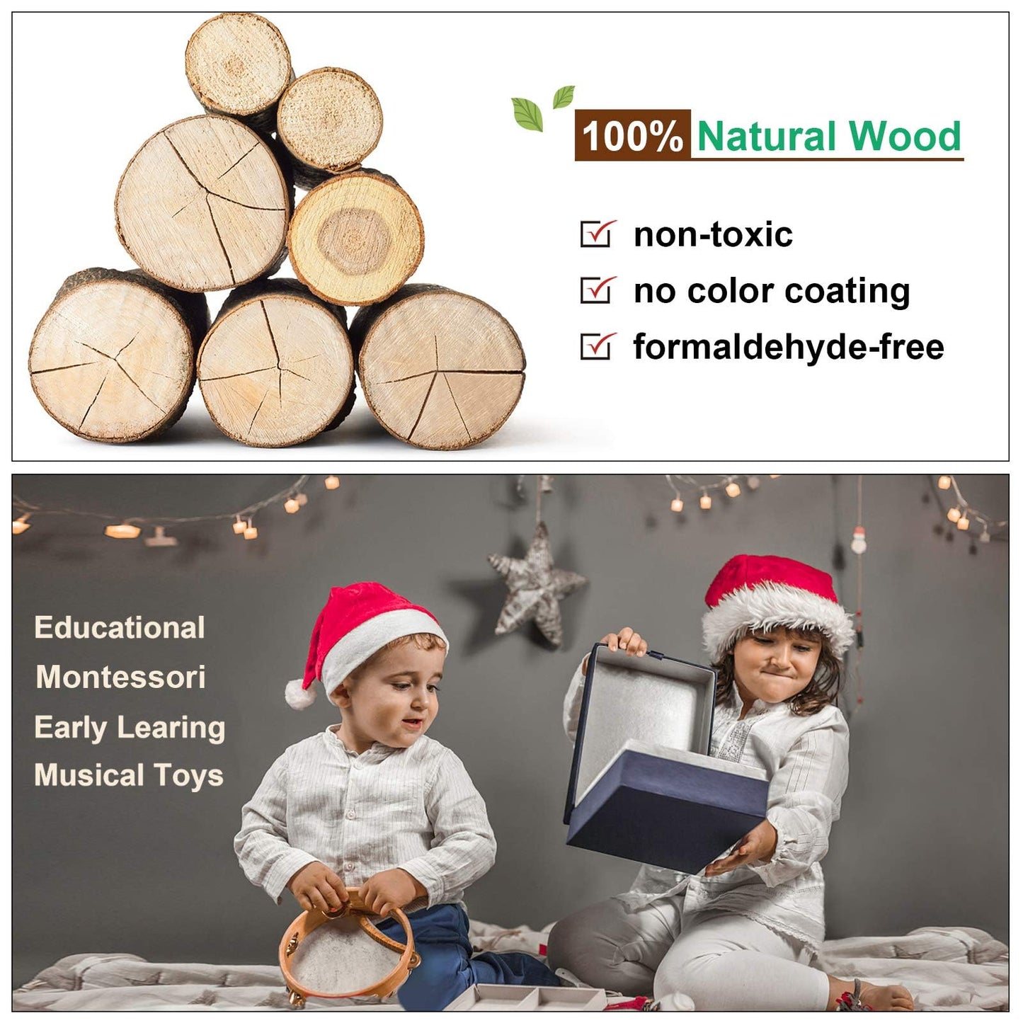 LOOIKOOS Wooden Musical Instruments Set for Toddlers 1-3, Natural Color, Montessori Educational Toys, Model ES-HLJS-0326-778