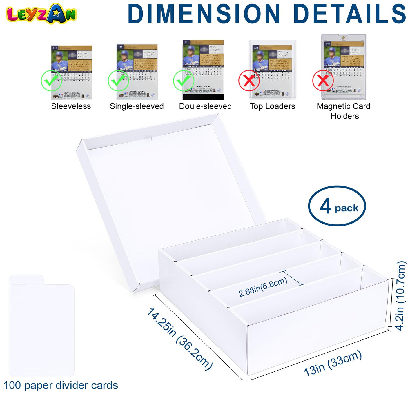 Leyzan 5 Row Trading Card Storage Box, 4 Pack Cardboard Storage Box With Divider For Mtg, Tcg, Sports Cards