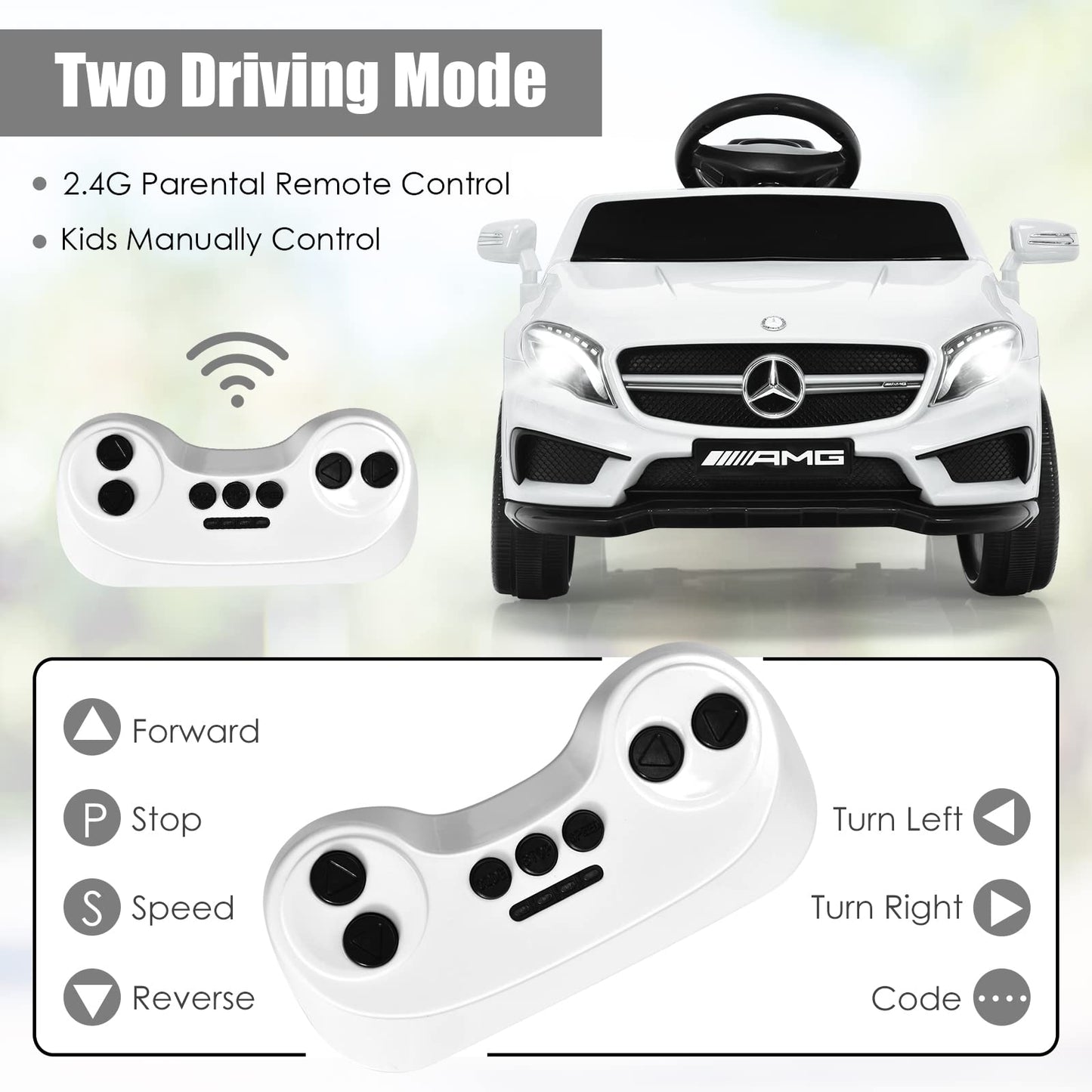 Olakids Kids 12V Electric Ride On Car, Licensed Mercedes Benz Gla45 Vehicle For Toddler With Control Remote, Battery Powered Toy With Music, Usb, Mp3, 2 Speeds, Wheels Suspension, Led Lights (White)