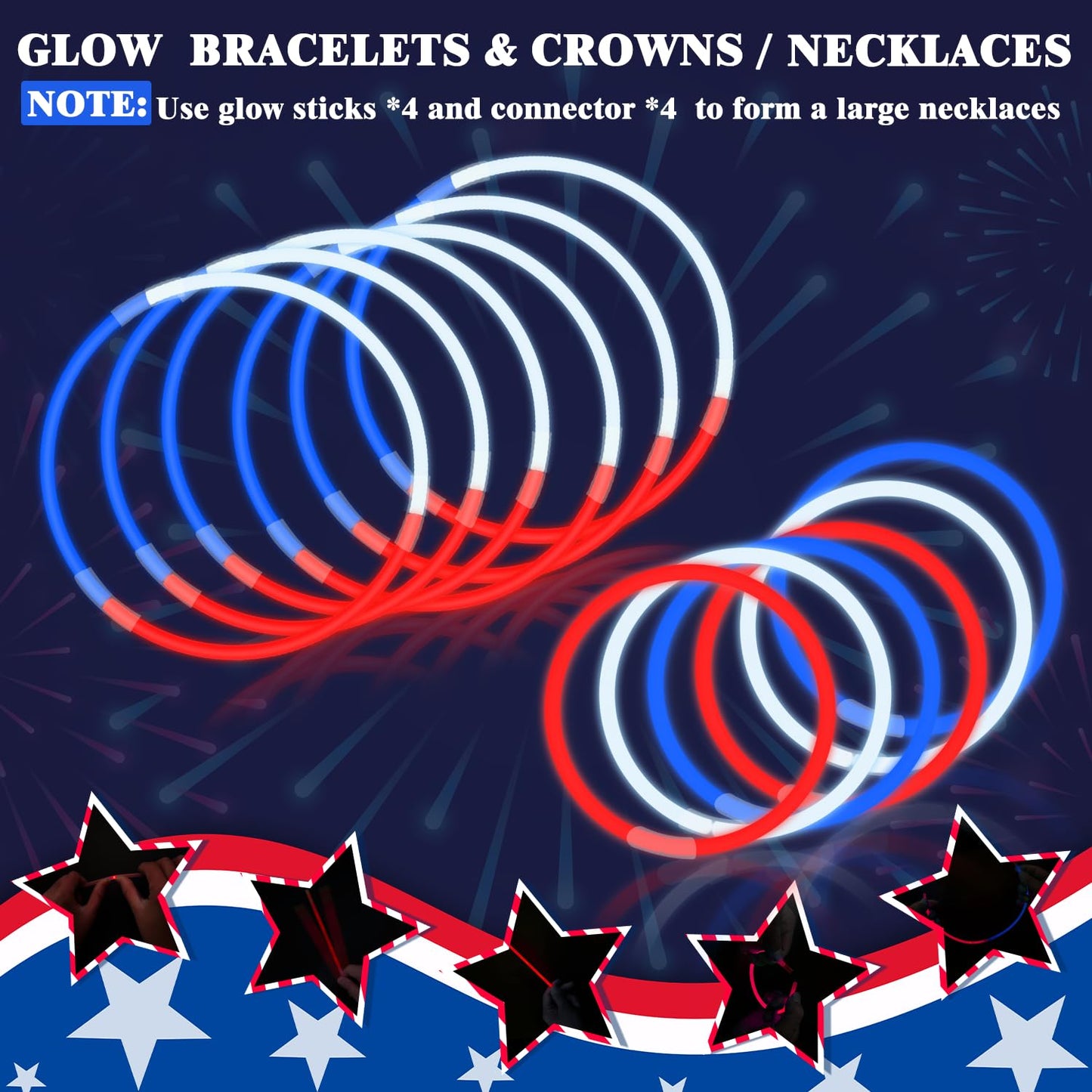 120 PCS 4th of July Accessories for Kids, Patriotic Red White Blue Glow Sticks Party Favors Supplies Bulk,Light up Necklaces Bra