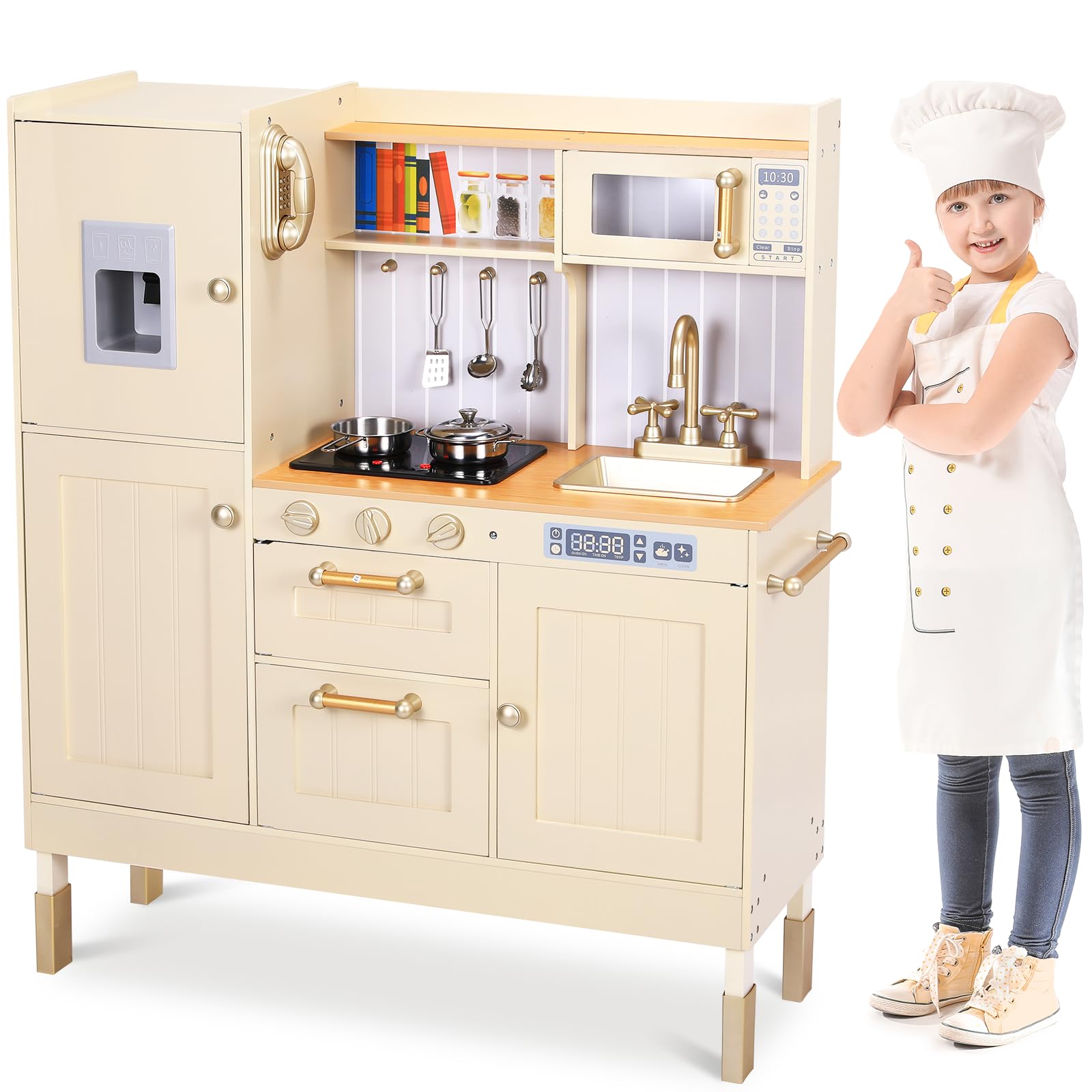 Clevich Wooden Play Kitchen for Kids, Toddler Vintage Kitchen Toy Set w/Pretend Phone, Ice Maker, Towel Rack, Height Adjustable 