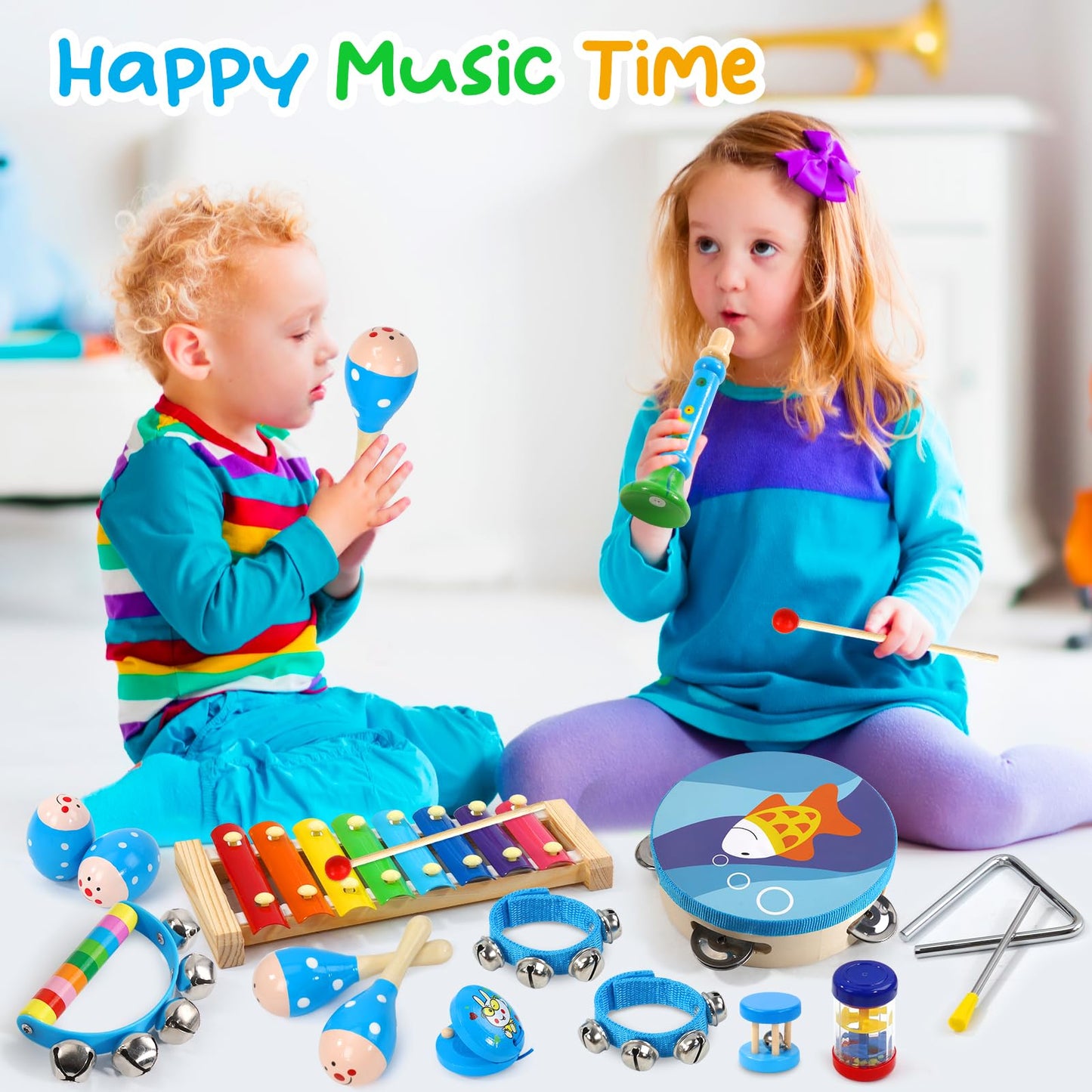 Raimy Kids Musical Instruments Set - Wooden Percussion Instruments Toy For Toddler Baby, Preschool Educational Music Toys For Boys And Girls With Carrying Bag (Blue)