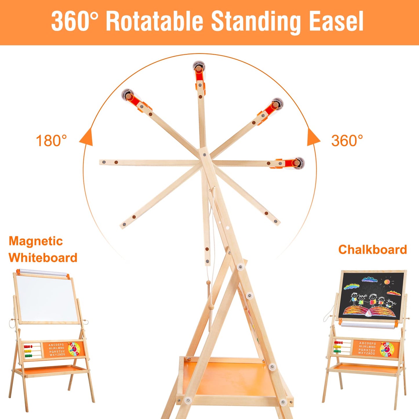 Omotiya 3-In-1 Wooden Easel For Kids, Toddle Double-Sided Easel With Magnetic Whiteboard And Painting Blackboard, 360° Rotatable, Paper-Roll Holder, Storage Tray, And Stickers Included