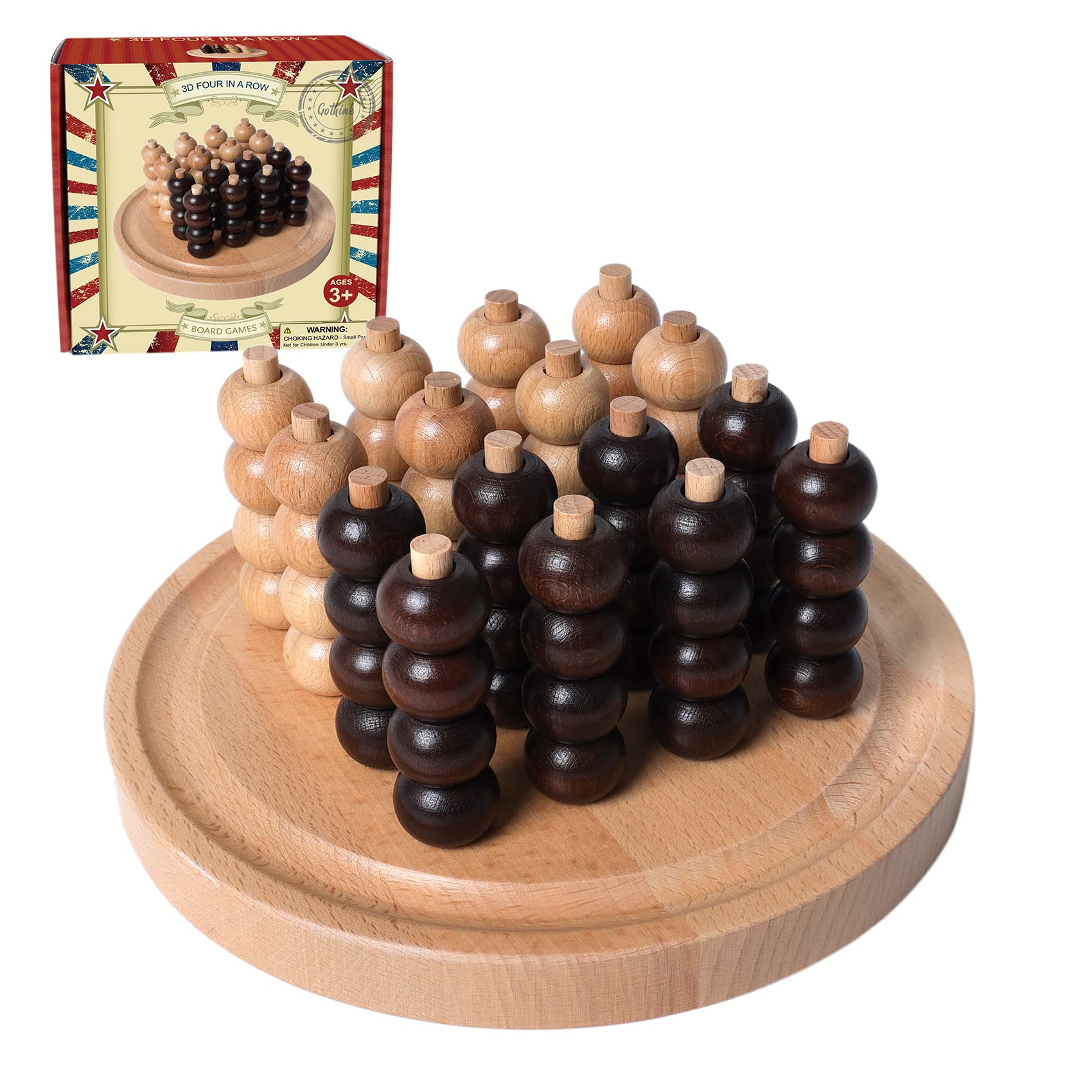 Gothink Portable 3D Wooden Four In A Row Board Games For Adults & Kids- 4 In A Row Game Set With Birch Chess For Family Night Games Birthday & Holiday Party Toy Gifts - Challenge Your Mind