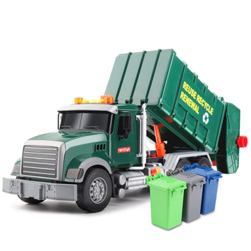 Dwi Dowellin Garbage Truck Toy - 15" Friction Powered with Lights, Sounds & 3 Trash Cans for Kids 3+ Years, Plastic, Fun Gift