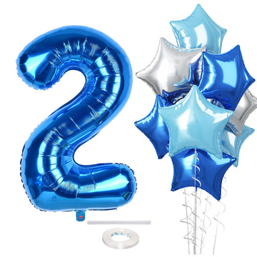 2Nd Birthday Balloon For Boys, 40 Inch Balloon Number 2 Dark Blue, Large Foil Mylar Star Two Balloon Light Royal Blue Silver, He