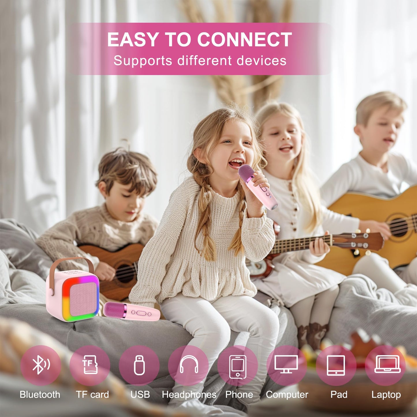 Szozzo Mini Karaoke Machine For Kids, Portable Bluetooth Karaoke Speaker With 2 Wireless Microphone And Led Lights, Toys Birthda