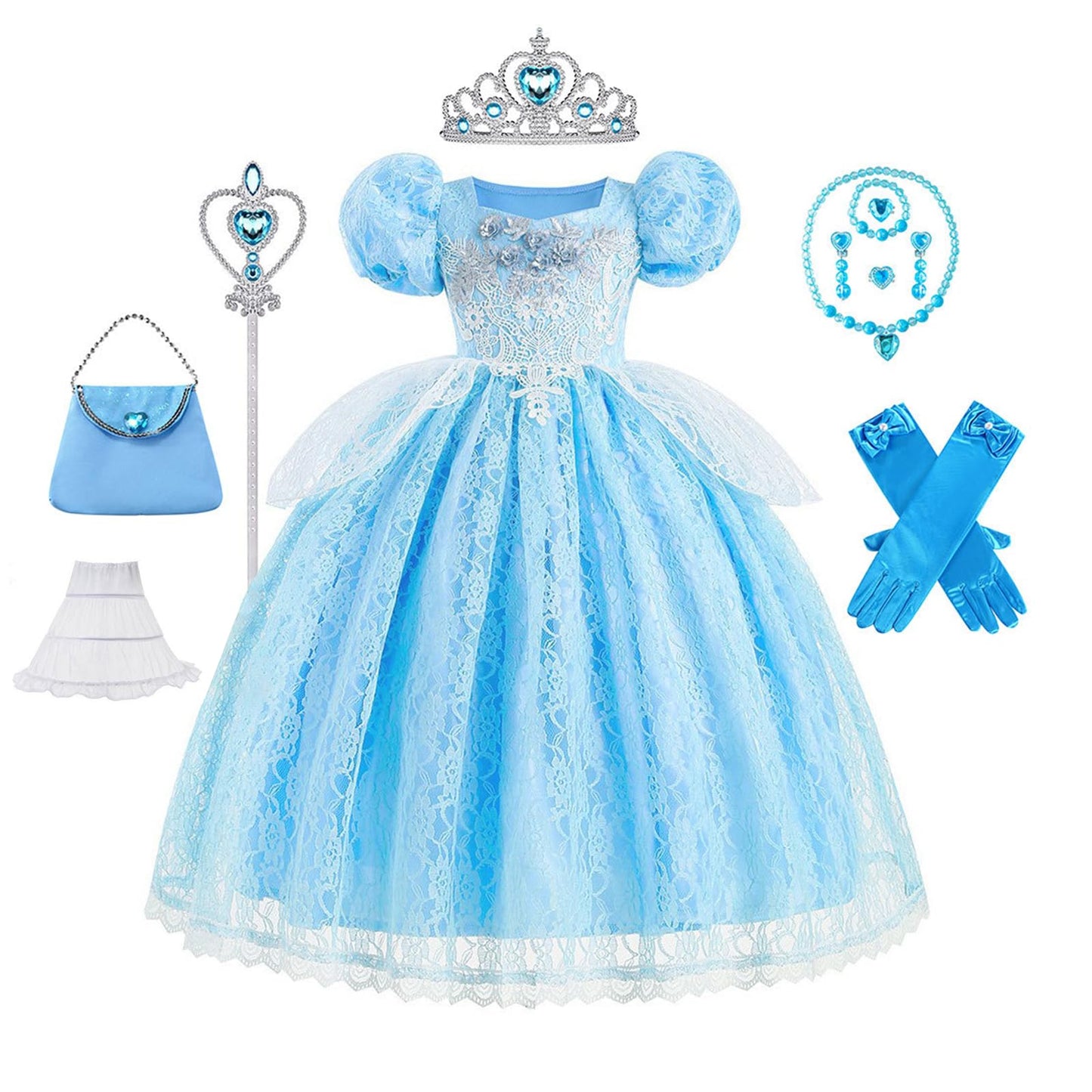 Ljnyie Princess Dresses For Girls-Girls Blue Princess Costume Puff Sleeve 3-11 Year Old For Birthday Christmas Party(5-6 Years)