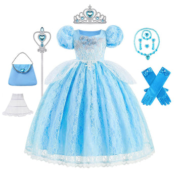 Ljnyie Princess Dresses For Girls-Girls Blue Princess Costume Puff Sleeve 3-11 Year Old For Birthday Christmas Party(3-4 Years)