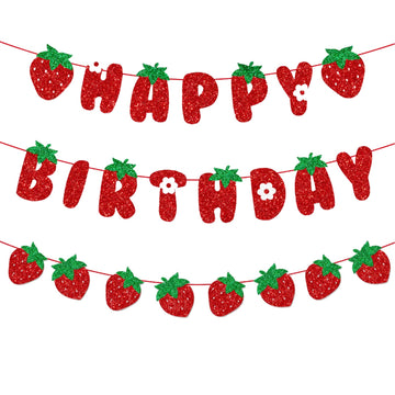 Zwiebeco Strawberry Birthday Party Decoration Supplies - Red Green Strawberry Happy Birthday Sign Banner Bunting Garland Hanging