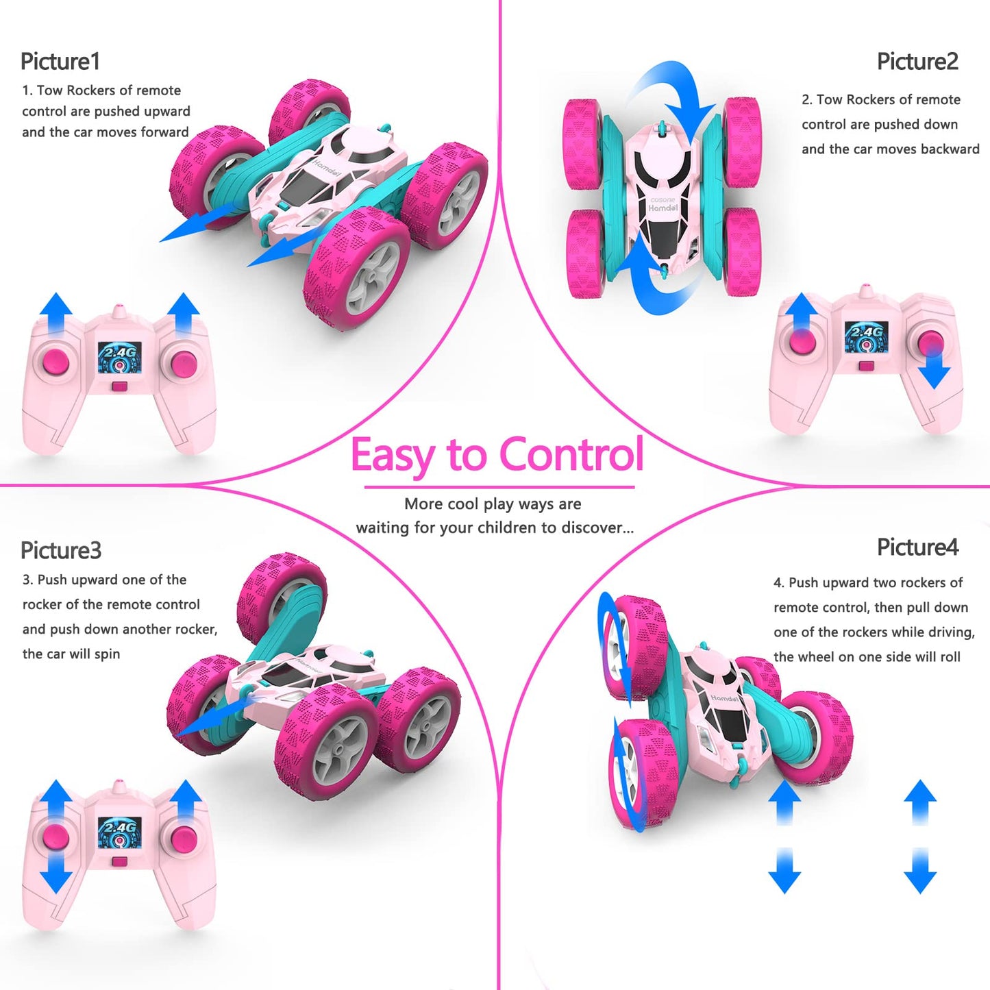 Hamdol Remote Control Car for Girls Pink RC Car Double Sided 360Flip Stunt Car with Headlights, All Terrain Tires, Rechargeable