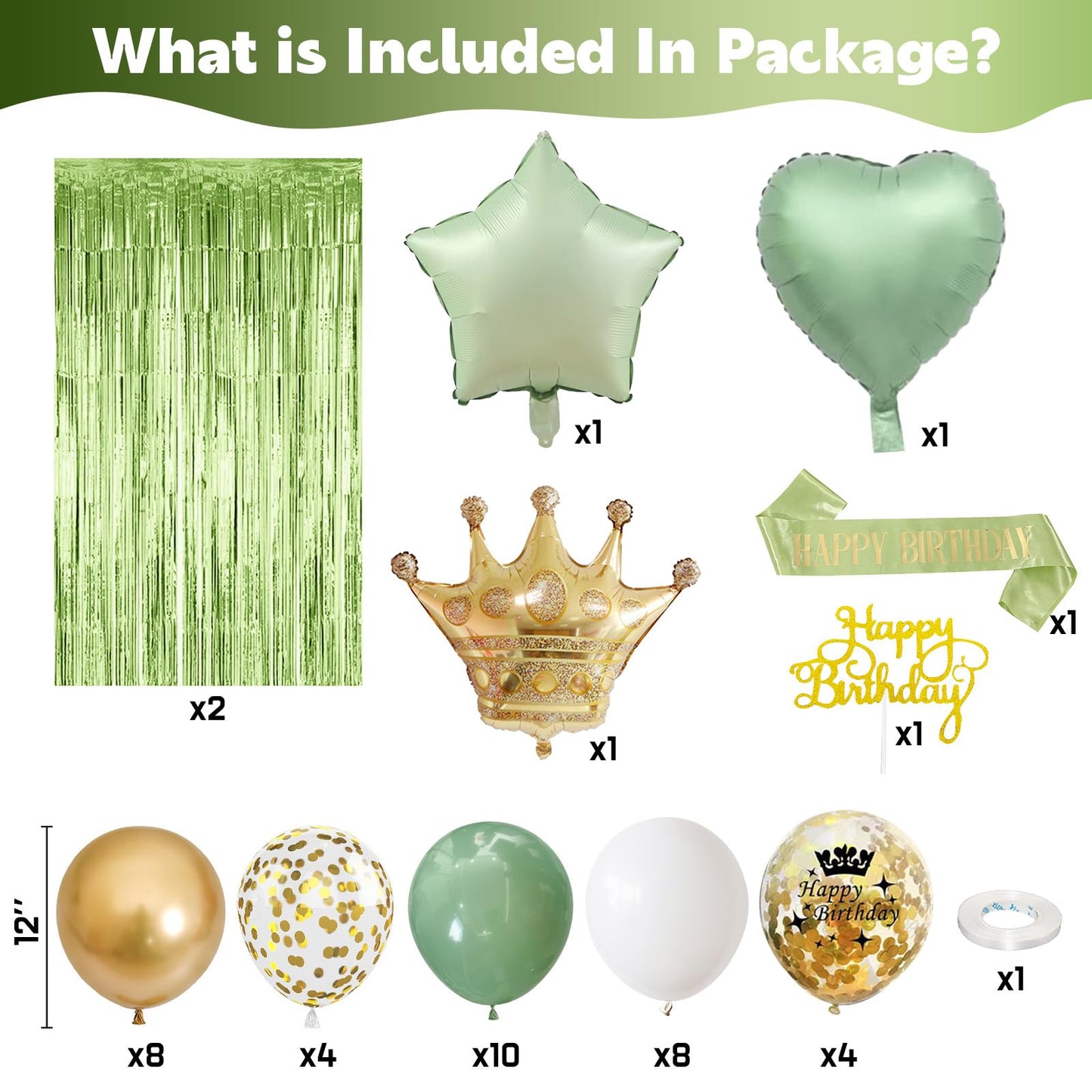 Sage Green Birthday Decorations With Happy Birthday Banner Olive Green Fringe Curtain Sash Foil Balloon Eucalyptus Retro Green W