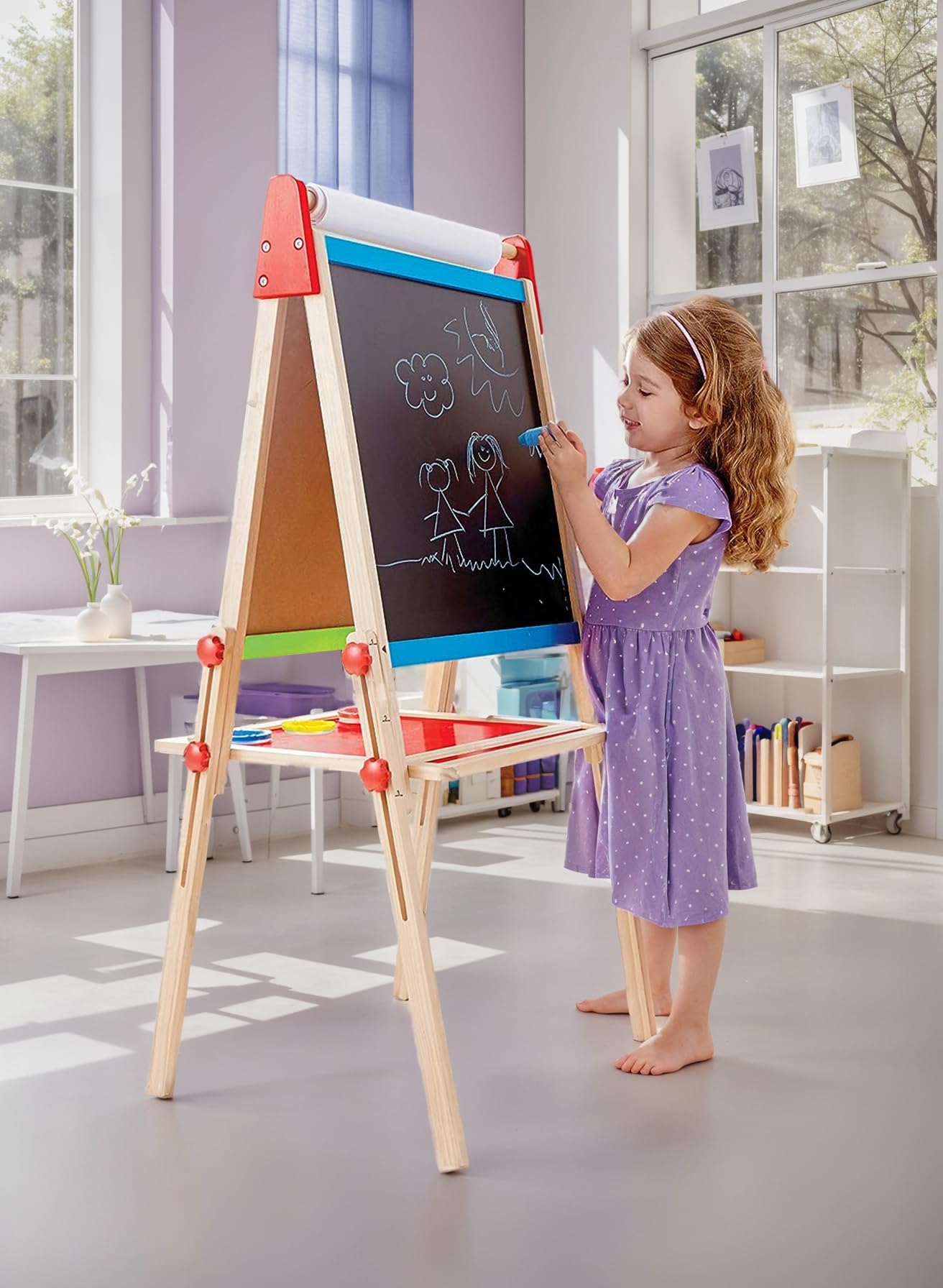 Hape Magnetic All-in-1 Kids Easel - Height Adjustable, Wooden, Cream, 18.9x15.9x41.8 inch, Model E1010B, Includes 3