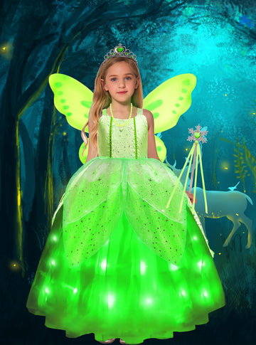 Soyoekbt Green Fancy Fairy Costume For Girls Led Fairy Dress For Girls Fancy Cosplay Halloween Party (7-8 Years)