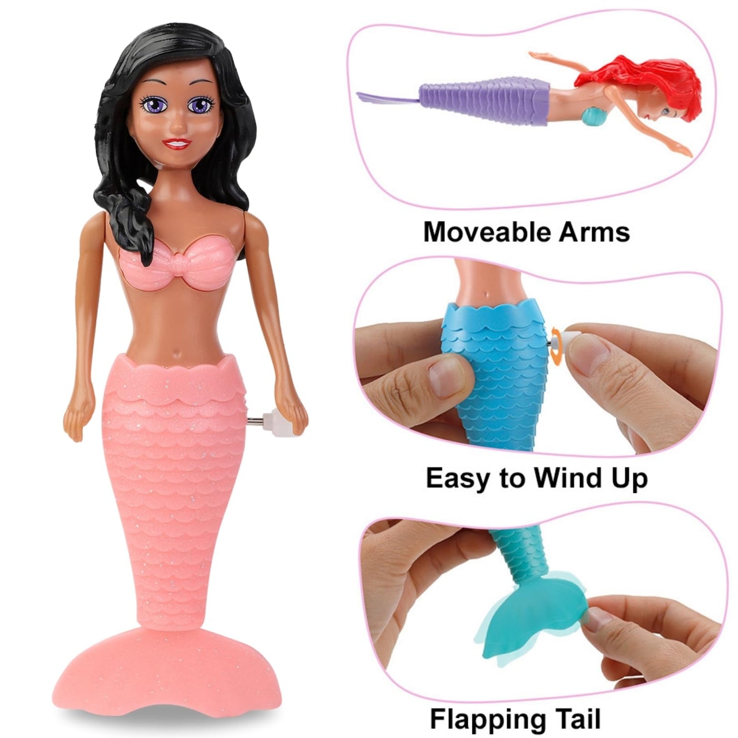 Mermaid Bath Toys For Toddlers Kids Girls - Princess Wind Up Tail Flap Floating Water Bathtub Toys, Swimming Pool Bathing Time Fun (12 Pack)