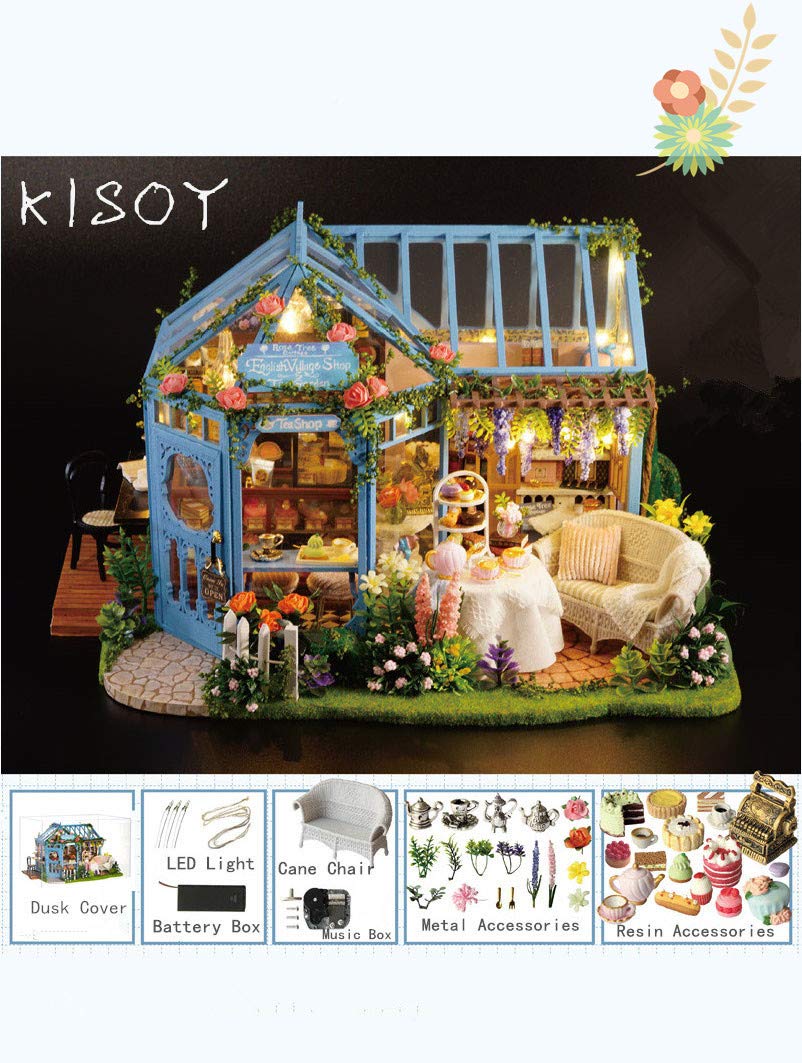 Kisoy Dollhouse Miniature with Furniture Kit  Handmade DIY House Model for Teens mature-themed Gift (Rose Garden Tea House)
