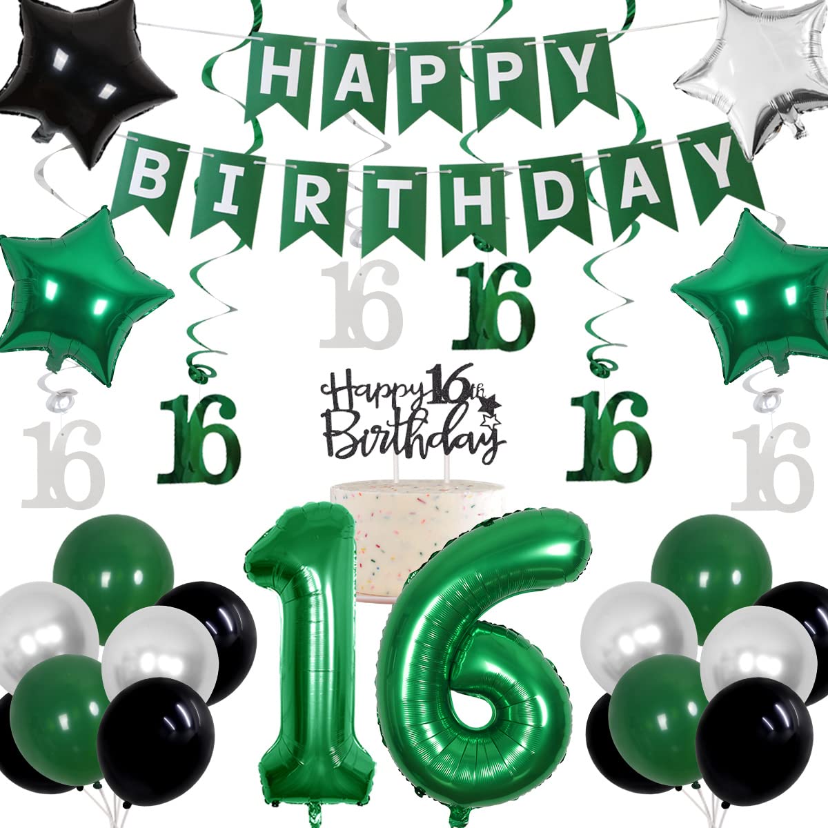 Cheereveal 16th Birthday Decorations for Boys Green, Happy Birthday Party Supplies with Hanging Swirls Happy Birthday Banner Cak