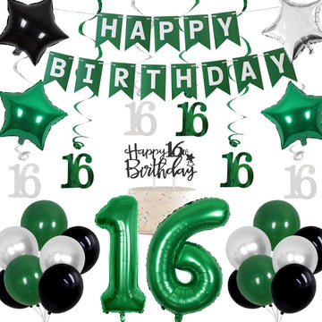 Cheereveal 16th Birthday Decorations for Boys Green, Happy Birthday Party Supplies with Hanging Swirls Happy Birthday Banner Cak