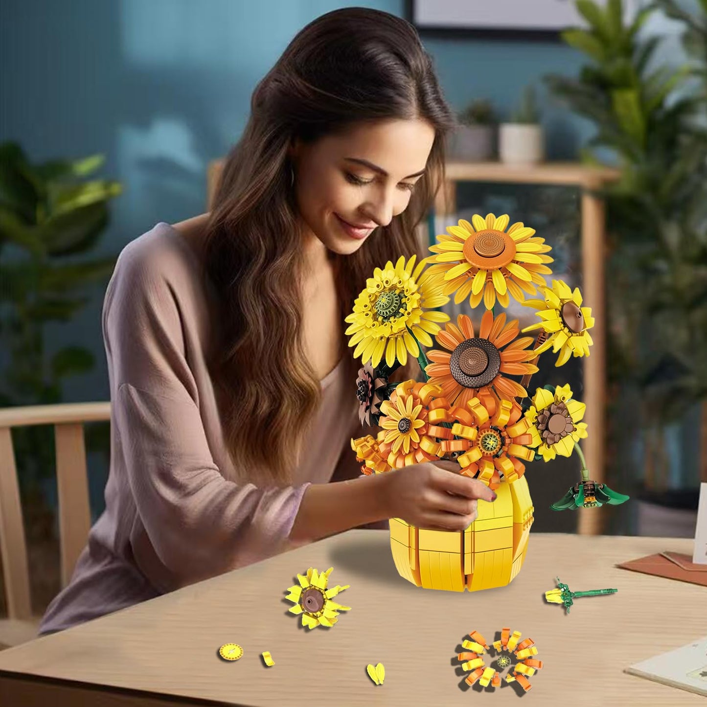 YYMayLsh Sunflowers Building Set, 1009PCS Plastic Home Decor for Adults, 5"x9"x11", Yellow/Orange, Van Gogh Prints Art