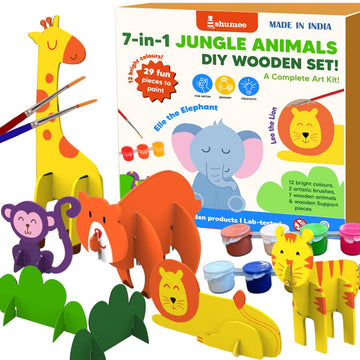 Shumee 3D Wooden Animal Art And Craft Kit | 12 Colours, 2 Brushes, 7 Animals & Wooden Support Pieces | (3 Years+) | Kids Fun Act
