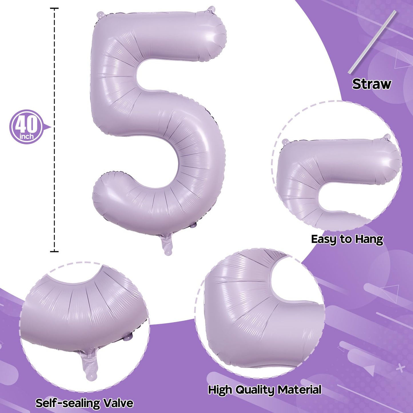 50Th Birthday Balloons Pastel Purple For Women, 40 Inch Giant Light Purple Mylar Foil Number 50 Helium Balloons Self Inflating,