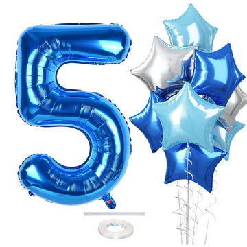 5Th Birthday Balloon For Boys, Big Self Inflating Dark Light Blue Silver Star Number 5 Balloons Decor, 40 Inch Royal Pastel Baby