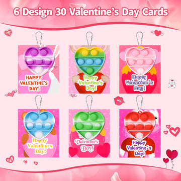 Weceit 30Pack Valentines Cards For Kids Classroom With Heart Pop Bubble Fidget Keychain Toys, Bulk Prizes Toys For Valentines Day Party Favors School Classroom Exchange Gifts Pack For Kids